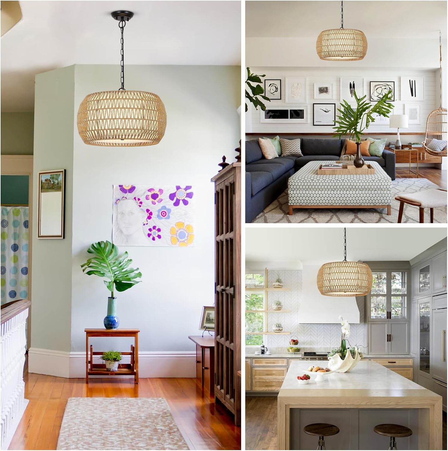 18.9" Rattan Farmhouse Chandelier - 5-Light Boho Pendant Light with Adjustable Height (18.9"W x 9.8"H)