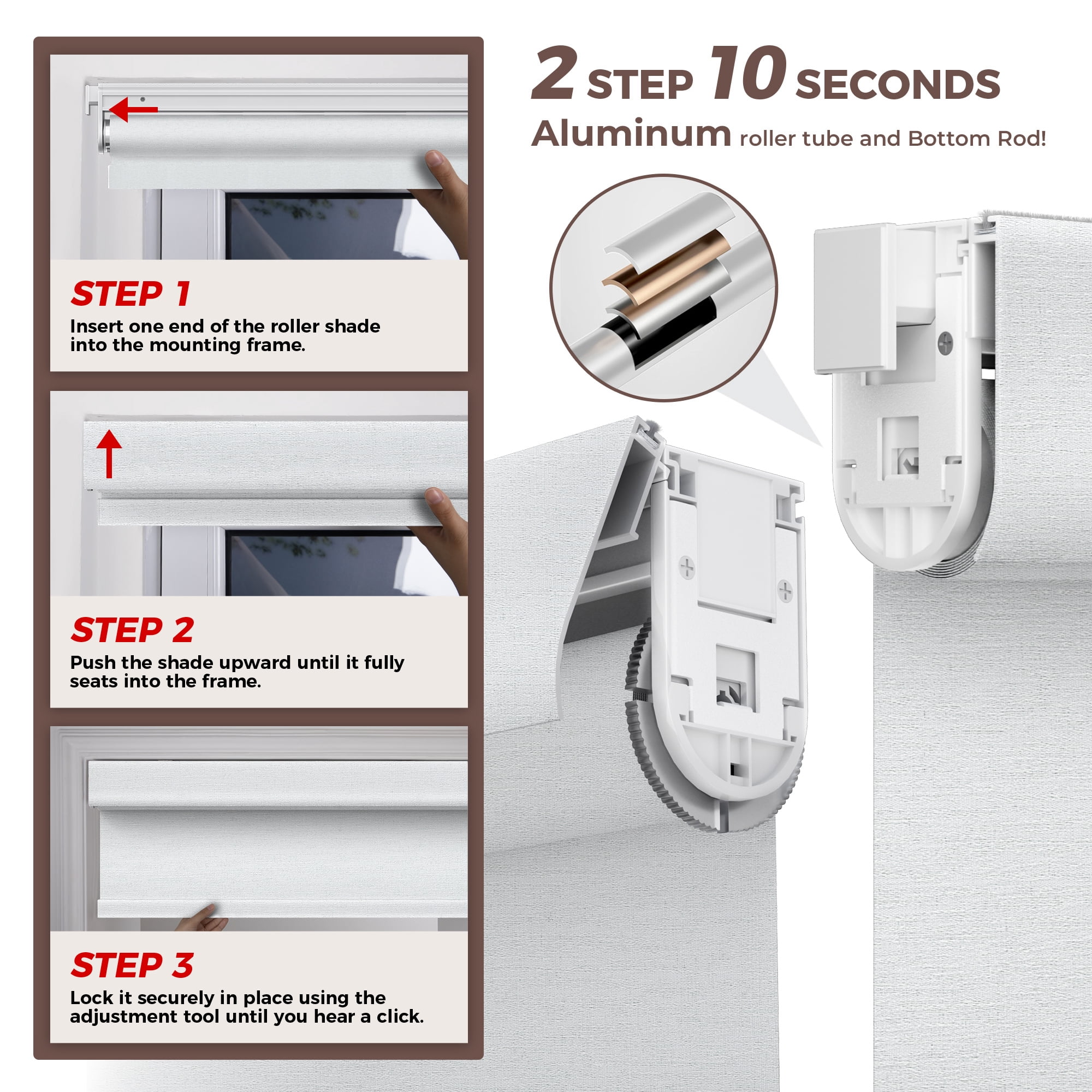 Allesin zen No Drill No Tools Blackout Roller Shades for Windows, 100% Blackout Linen Fabric,( White,35x48)