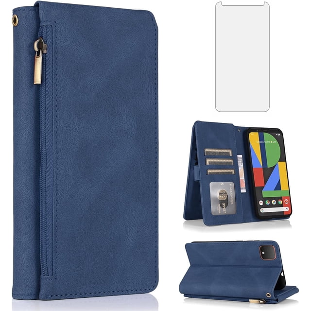 REQO Compatible with Google Pixel 4 Wallet Case Tempered Glass Screen Protector and Zipper Retro Leather Flip Cover Card Holder Stand Cell Accessories for Pixel4 Pixle Four Women Men Blue