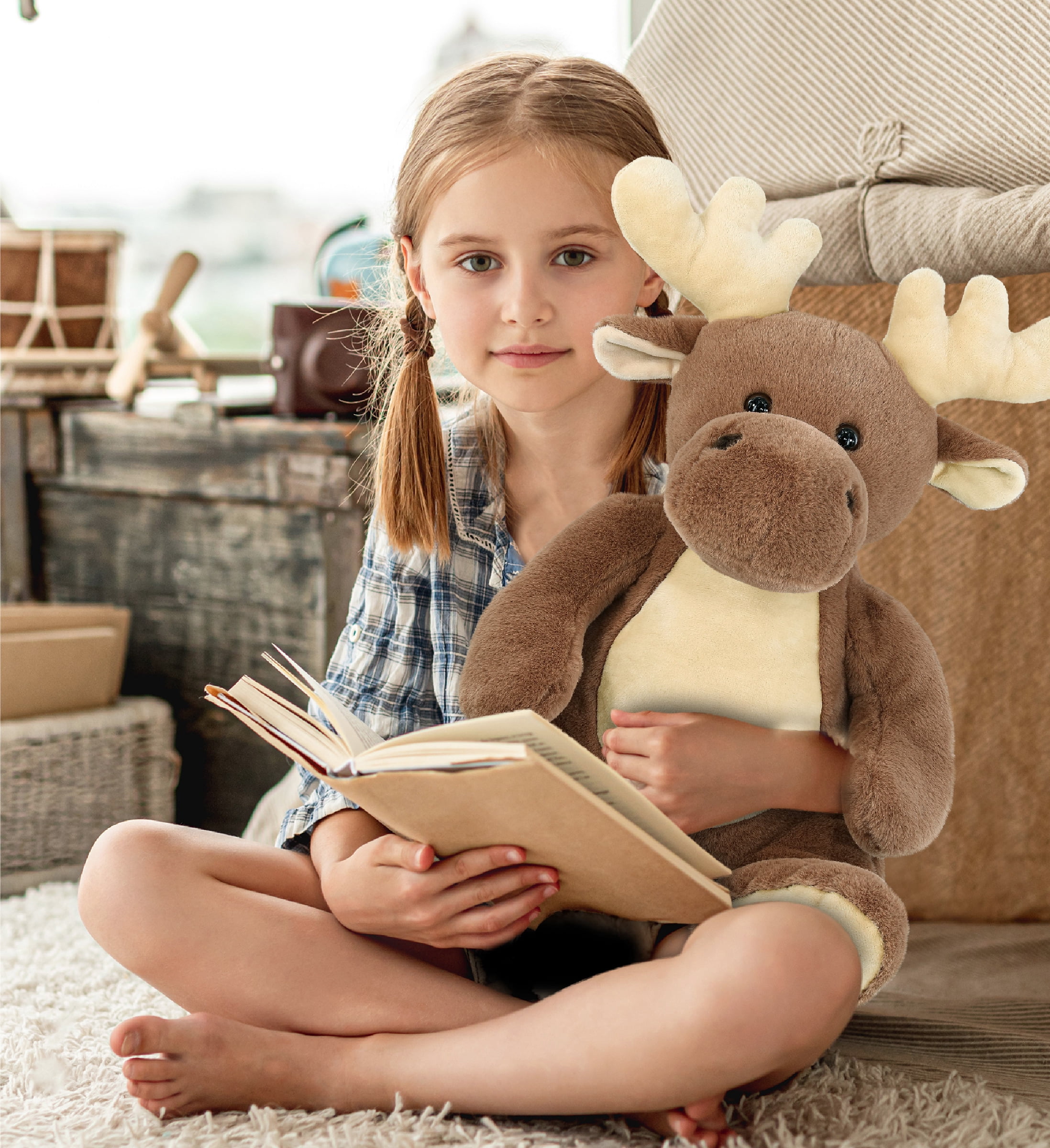 DolliBu Extra Large Moose Stuffed Animal - Soft Huggable Moose, Adorable Playtime Moose Plush Toy, Cute Wild Life Cuddle Gifts, Super Soft Moose Plush Doll Animal Toy for Kids and Adults - 14 inches