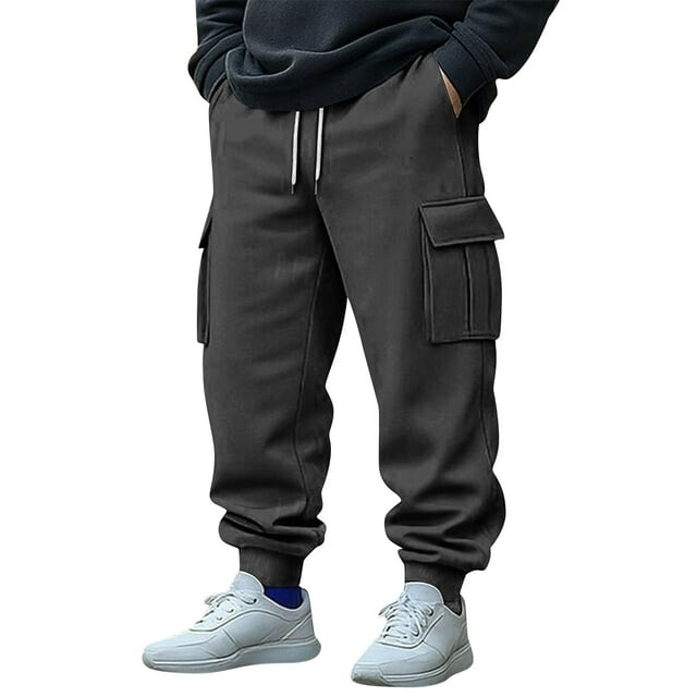 Moxiu Men's Winter Multi Pocket Cargo Pants Stretch Drawstring Casual Hiking Joggers Dark Gray,XL