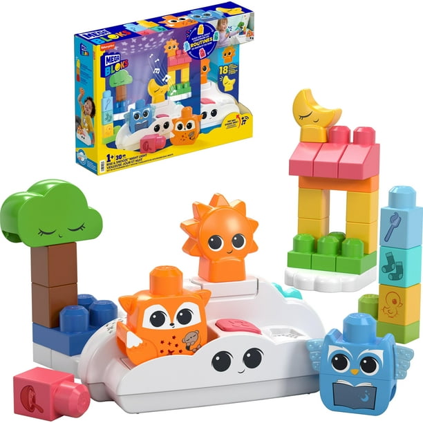 Mega BLOKS Fisher-Price Juguete de bloques de construcción para niños pequeños, luz nocturna Rise & Snooze con 30 piezas, efectos de luz y sonido, proyector de estrellas, edades 1+ años