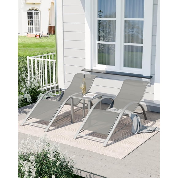 Patio Chaise Lounge Set of 3, Outdoor Reclining Pool Chairs with Backrest - All-Weather Wicker Sun Loungers with Side Tables & Cup Holders, Waterproof Cushions for Poolside, Beach, Deck, Balcony