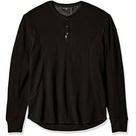 Calvin Klein Mens Henley LS Mixed Media Slub Waffle, BLACK, L