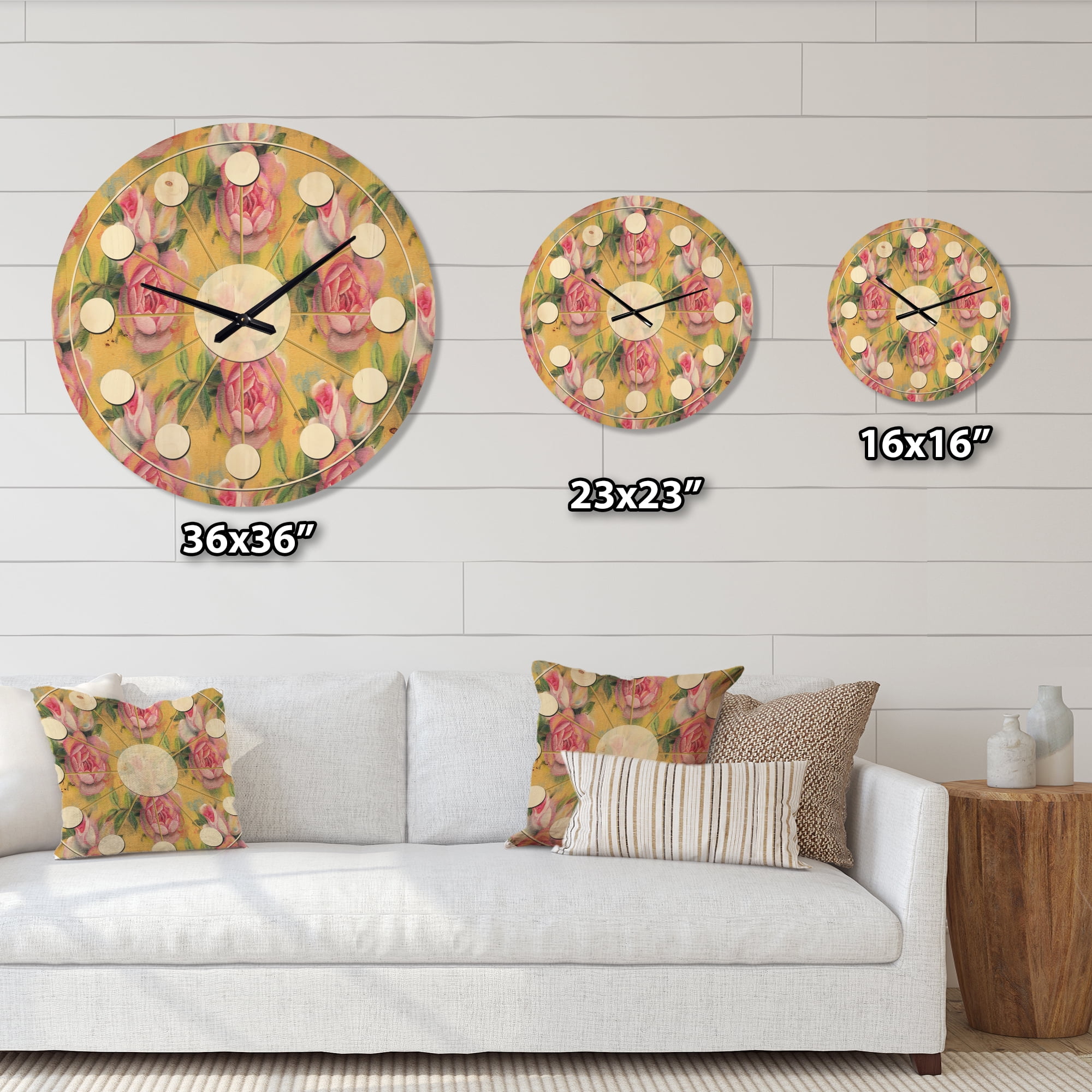 Designart 'Watercolor Pink Roses' Mid-Century Modern Wood Wall Clock
