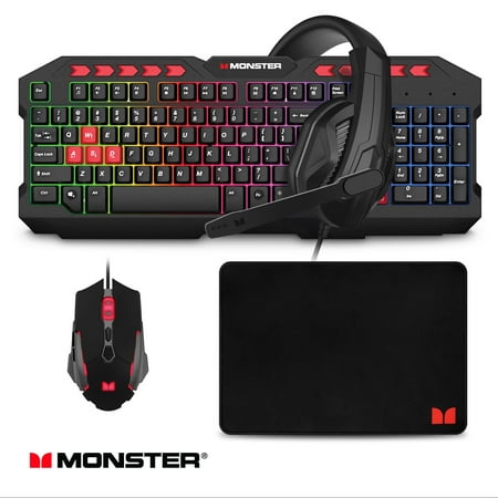 Monster 4-in-1 Gaming Keyboard, Headset, Mouse & Mouse Pad Campaign Bundle, Black
