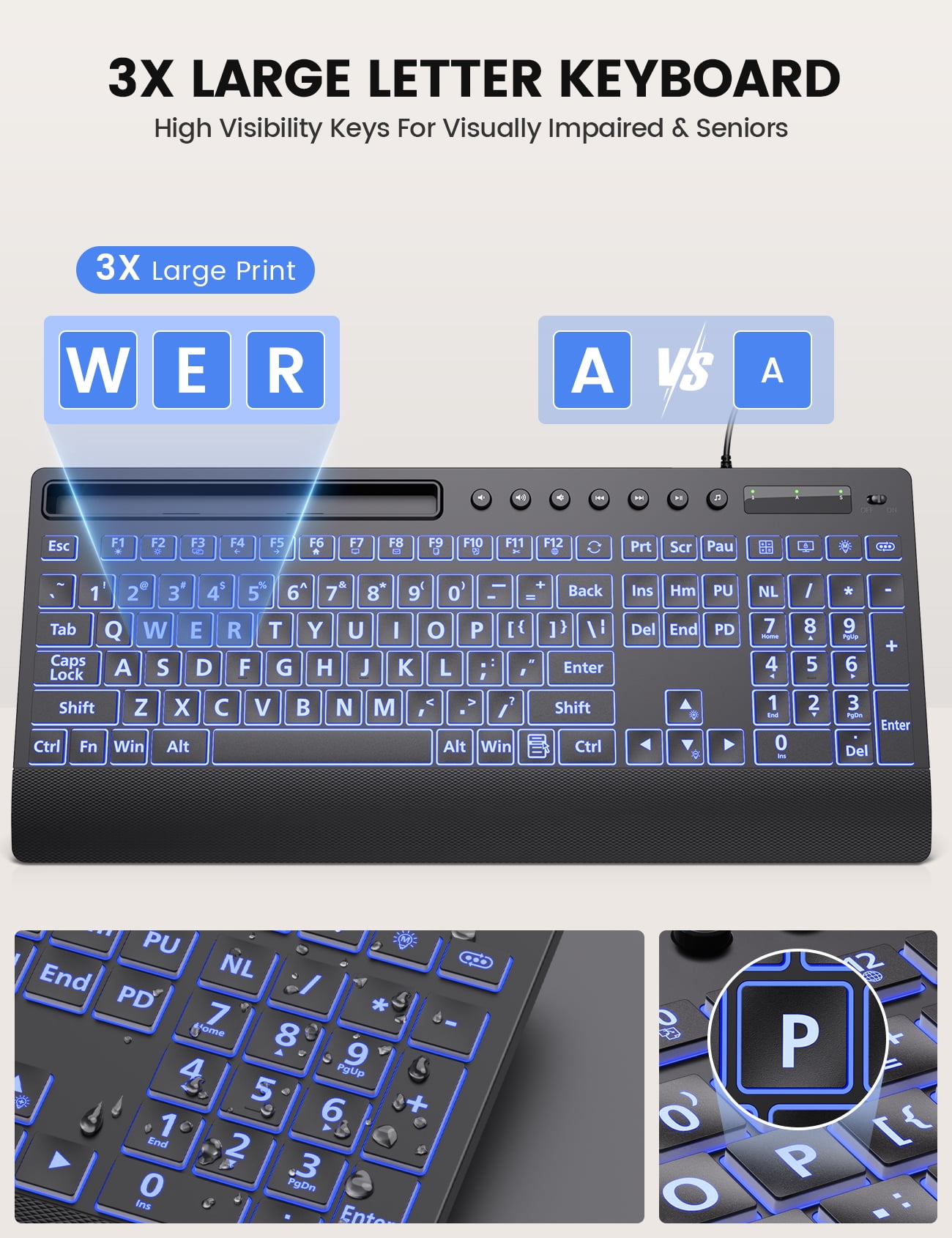 Large Print Wired Backlit Keyboard with Wrist Rest, Phone Holder, Backlight Memory, Quiet Keys, Ergonomic Keyboard for PC Laptop