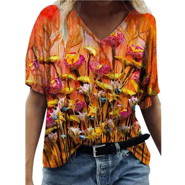 Puntoco - Camiseta de manga corta suelta con cuello en V y estampado informal para mujer Puntoco Puntoco-5194