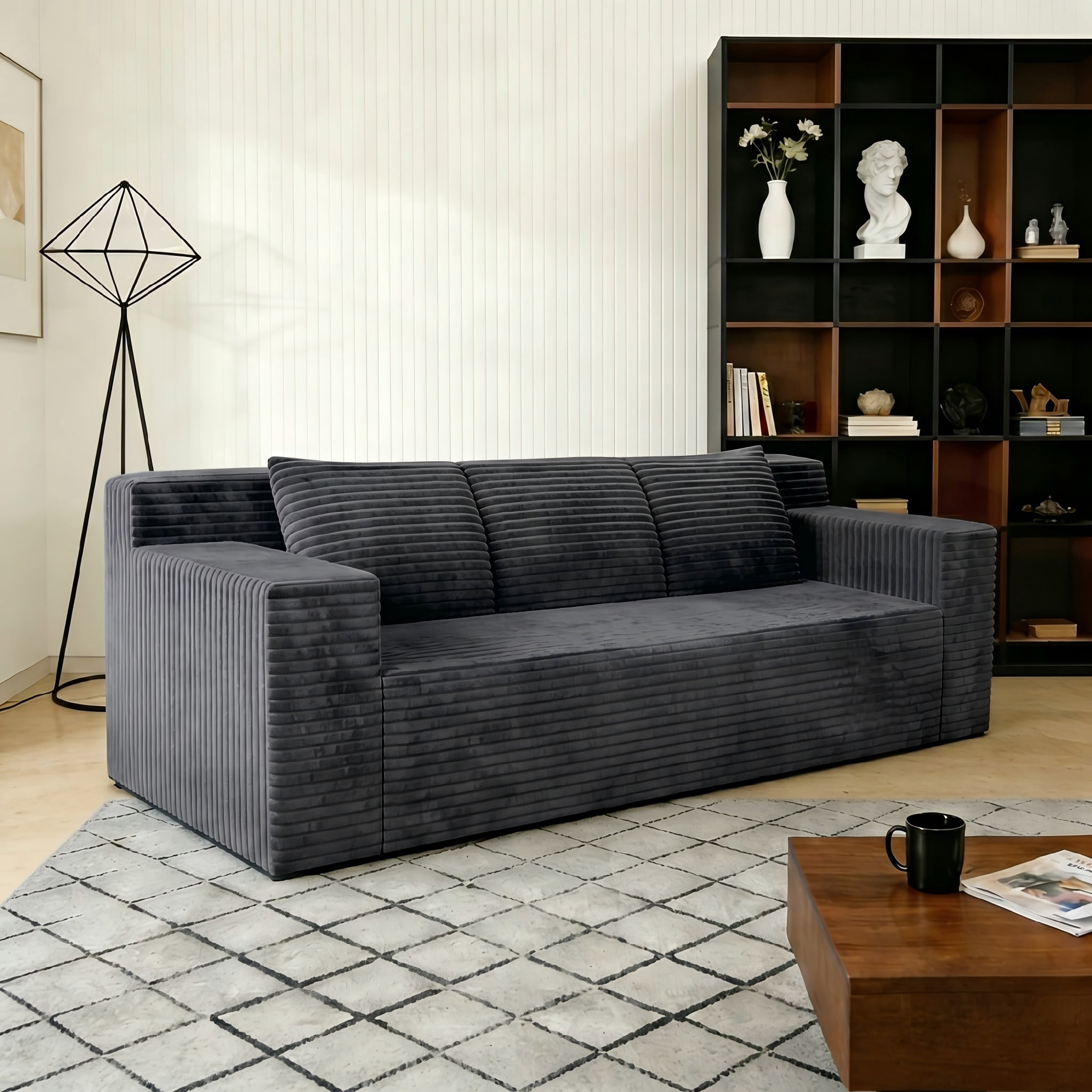Modern 71" Corduroy Sofa, No Assembly Deep Seat Couch in a Box for Living Room, Dark Grey