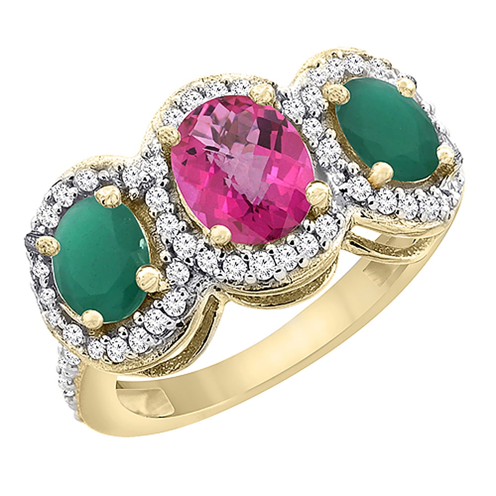 14K Yellow Gold Natural Pink Sapphire & Emerald 3-Stone Ring Oval Diamond Accent, size 5 by Gabriella Gold