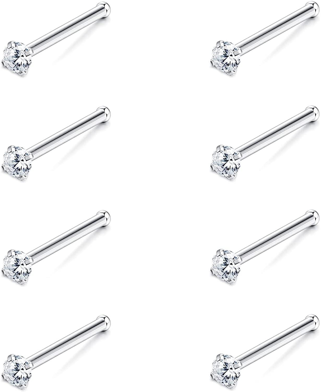 Sllaiss 8pcs 20G Nose Rings for Women Men Multicolor 5A CZ Corkscrew Nose Studs L Shaped Nose Rings Stainless Steel Nose Piercing Jewelry 