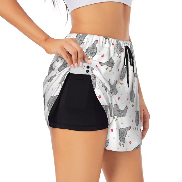 Balery Funny Chicken Pantalones cortos deportivos para mujer con forro y dos bolsillos, elásticos, para entrenamiento, gimnasio, yoga-Small