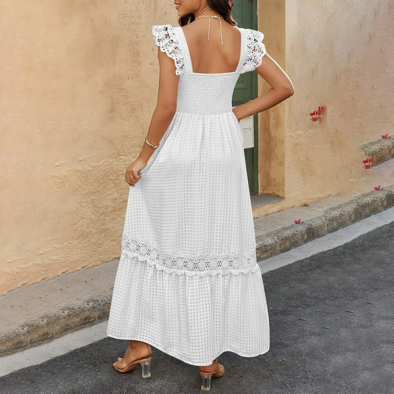 Wiyuqeen Lace Summer Dresses for Women Ruffle Sleeve Smocked Tunic Dress  Square Neck Plaid Maxi Dress Flowy Vacation Dresses - Walmart.com