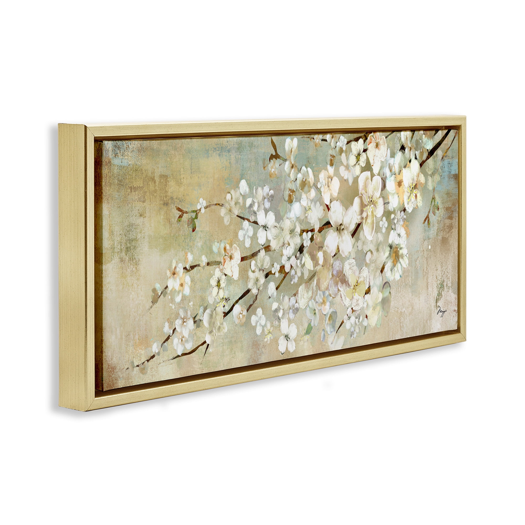 Stupell Industries Blooming Flower Tree Branch Painting Botanical & Floral Painting Gold Floater Framed Canvas Art Print Wall Art, 31 x 14