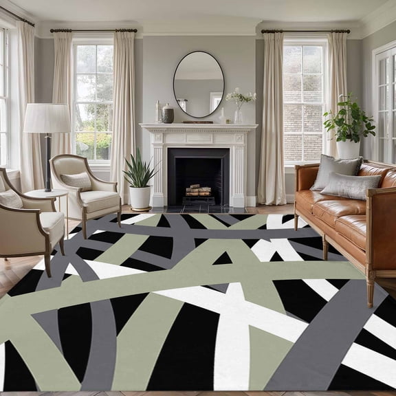 Rectangle Area Rugs 8 x 10 Ft, Sage Green Black Geometric Non-Slip Residential Carpet, Modern Art Abstract Grey Line Indoor Crawling Mats Runner Rugs for Living Room/Dining Room/Bedroom