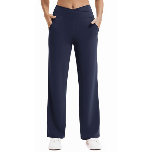 Womens Yoga Pants Wide Leg Pants Work Lounge Pants Crossover High Waisted Loose Casual with Pockets