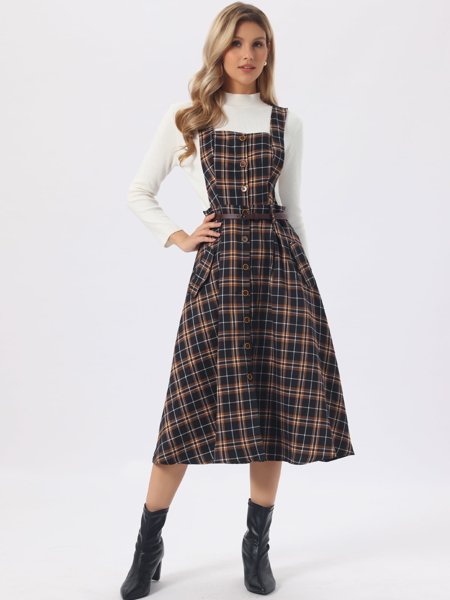 DARING DIVA Women's Plaid Vintage A Line Pinafore Dress Small Blue