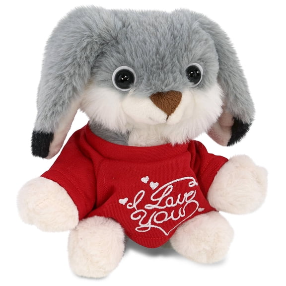 DolliBu I LOVE YOU Super Soft Grey Rabbit Plush- Cute Grey Rabbit Stuffed Animal with I Love You Red Shirt For Valentine, Anniversary, Romantic Date, Boyfriend, or Girlfriend Gift - 7 inches