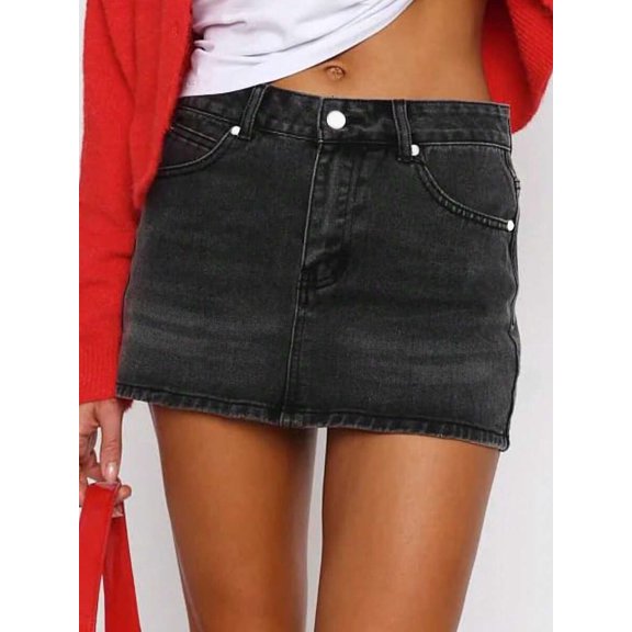 Black Denim Mini Skort Skirt Stretch Mid Waist Y2K Casual Jean Skort For Women