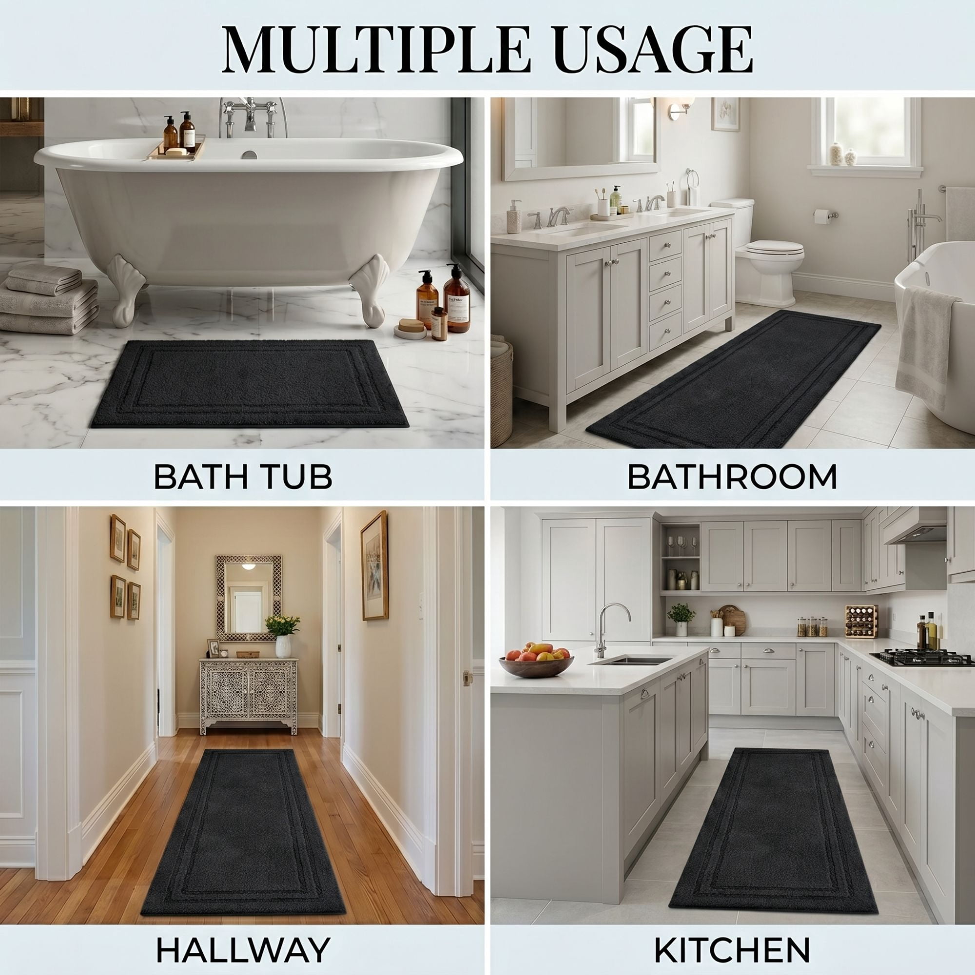 Superior Solid Bordered Cotton Washable Non-Slip Bath Rug, Runner Size, Black