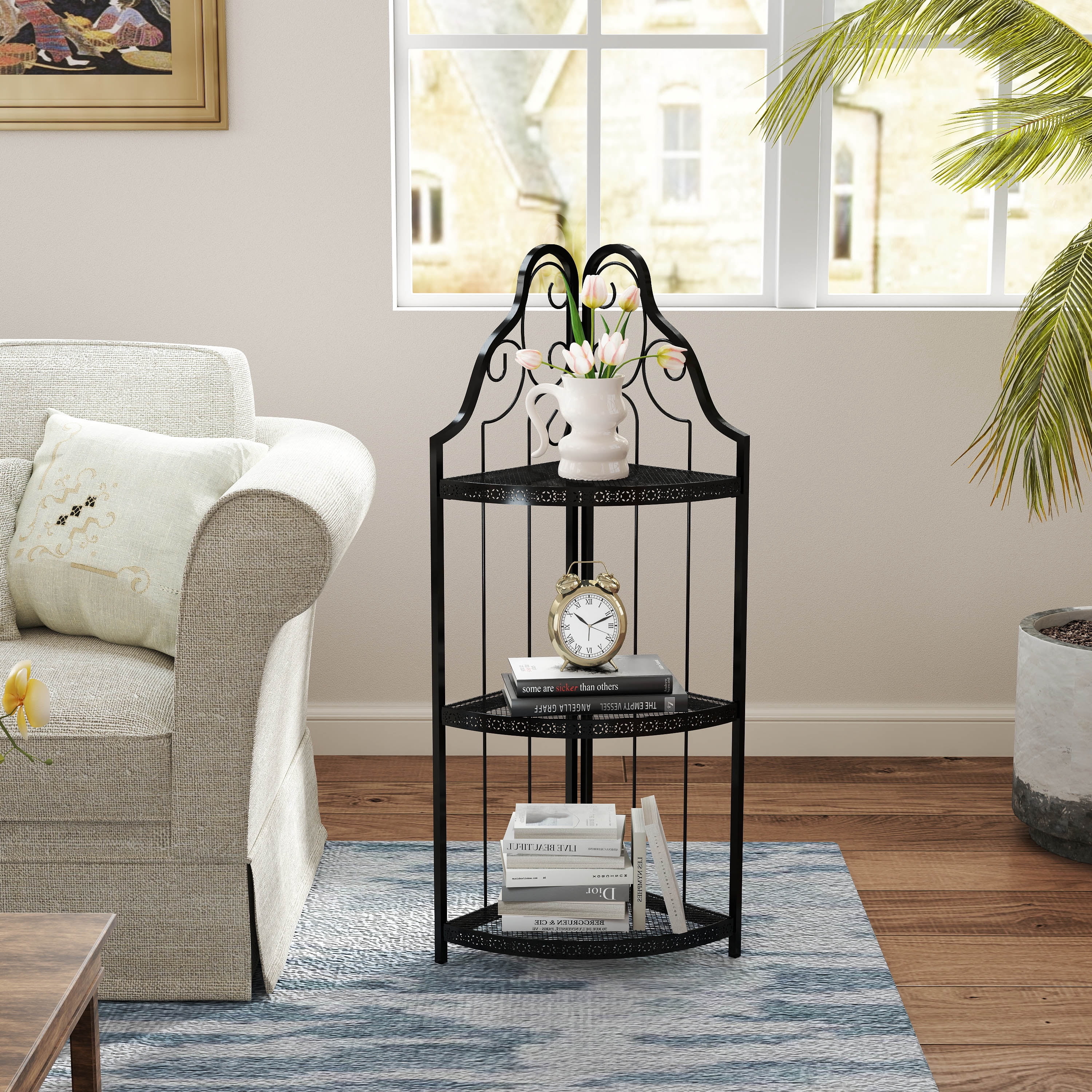 Mintazer 3-Tier Corner Bookcase with Vintage Scroll Design, 40.9" Open Storage Rack for Living Room & Bathroom, Black