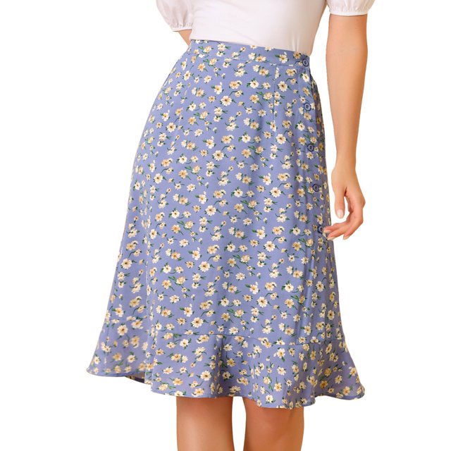 Falda midi Allegra K con botones y volantes florales Morado claro S