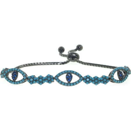 Pori Jewelers Turquoise CZ 18kt Black Rhodium-Plated Sterling Silver Multi-Evil Eye Friendship Bolo Adjustable Bracelet