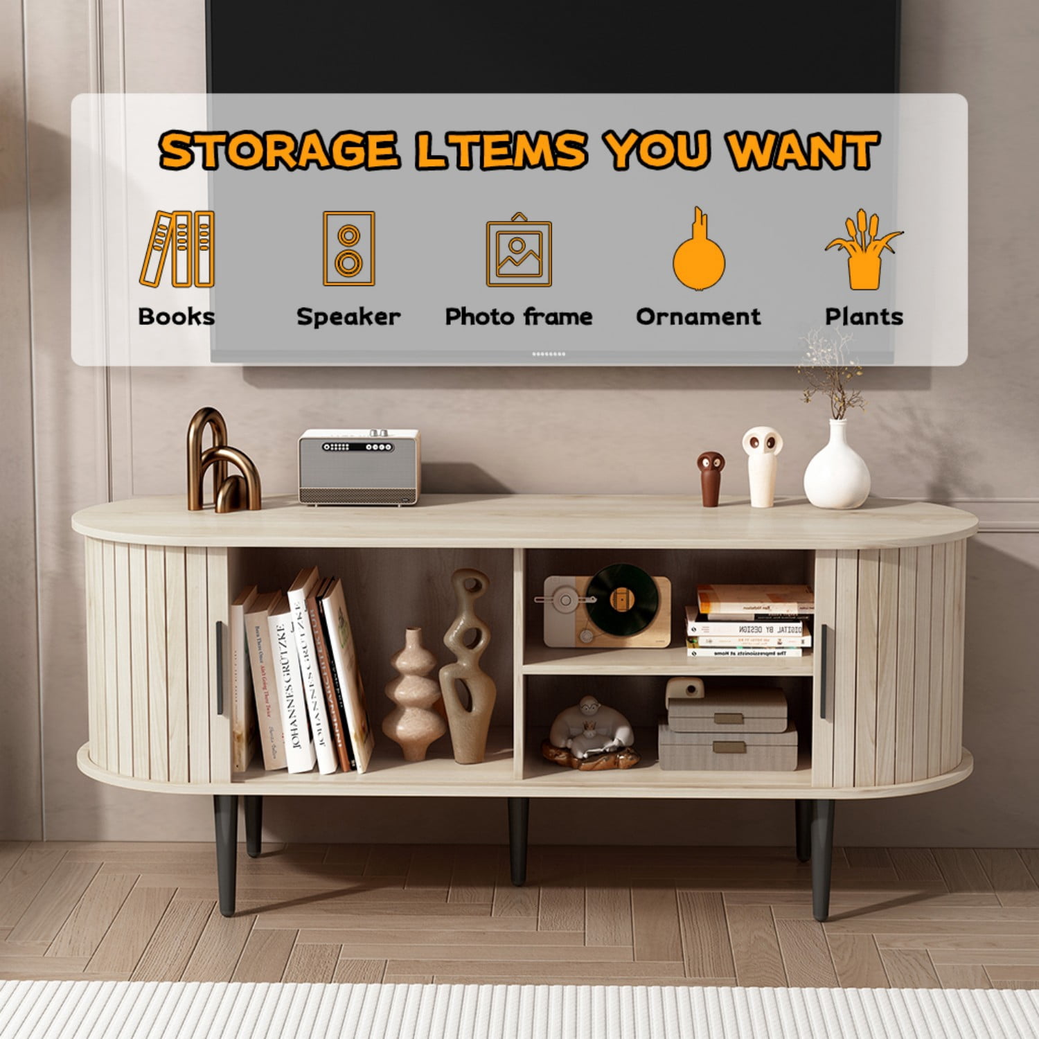 47" Modern TV Stand with Sliding Door Storage Cabinet, Mid Century Media Console Table for Living Room, Bedroom, Office, Natural
