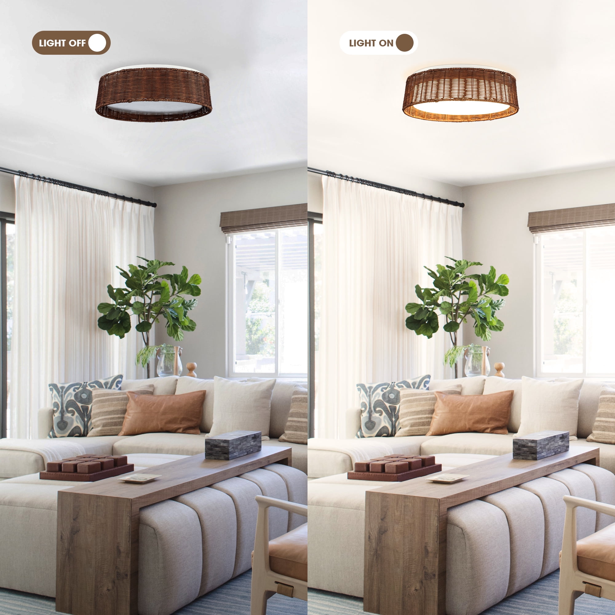 Parrot Uncle Farmhouse Rattan Drum Flush Mount Ceiling Lights LED Lighting for Bedroom Living Room Dining Room, 16.5 Inch