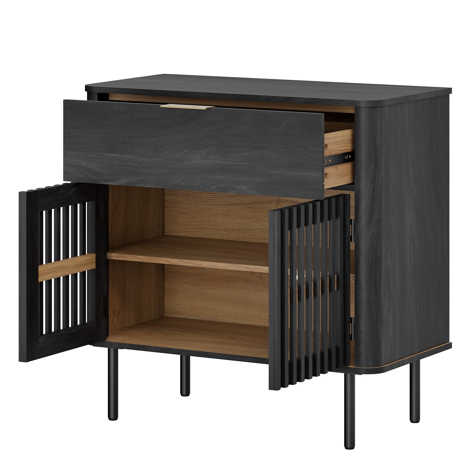 31.5" Sideboard Buffet Cabinet with Storage - Fluted Kitchen Credenza Cabinet with Pop-up Doors and Drawer, Black