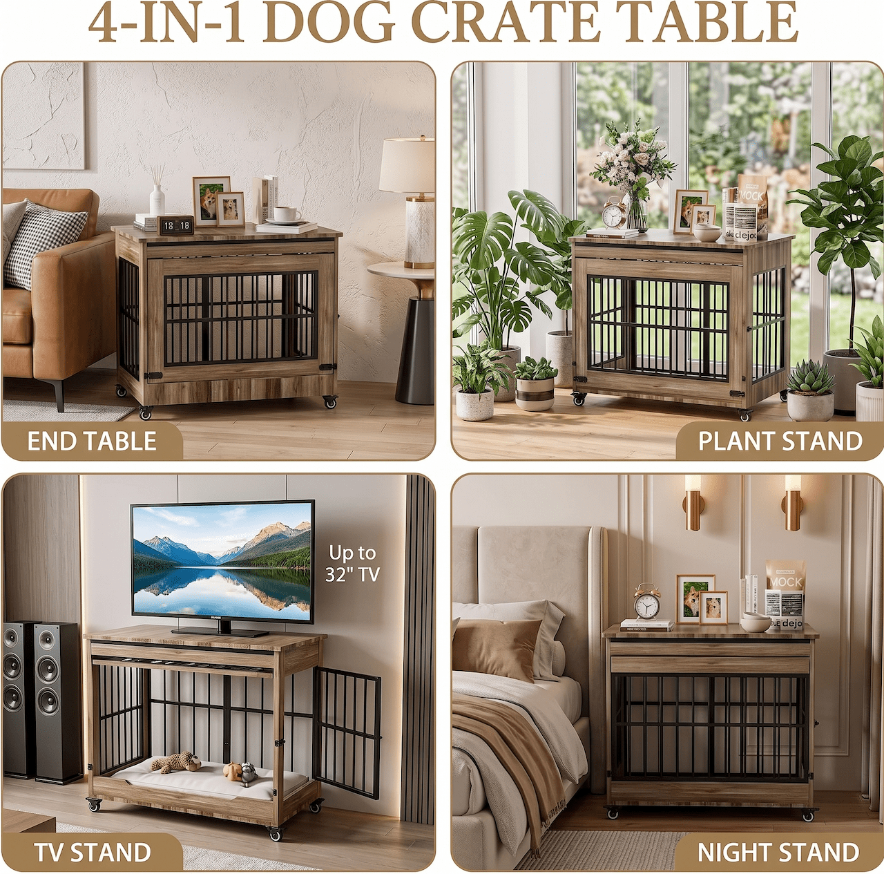 Xiweot 32" Dog Crate Furniture, Wooden Dog Kennel with Double Doors & Wheels, Indoor Pet Cage End Table for Small & Medium Dogs, Dog Kennel Furniture with Privacy Curtain, Size M, GREIGE