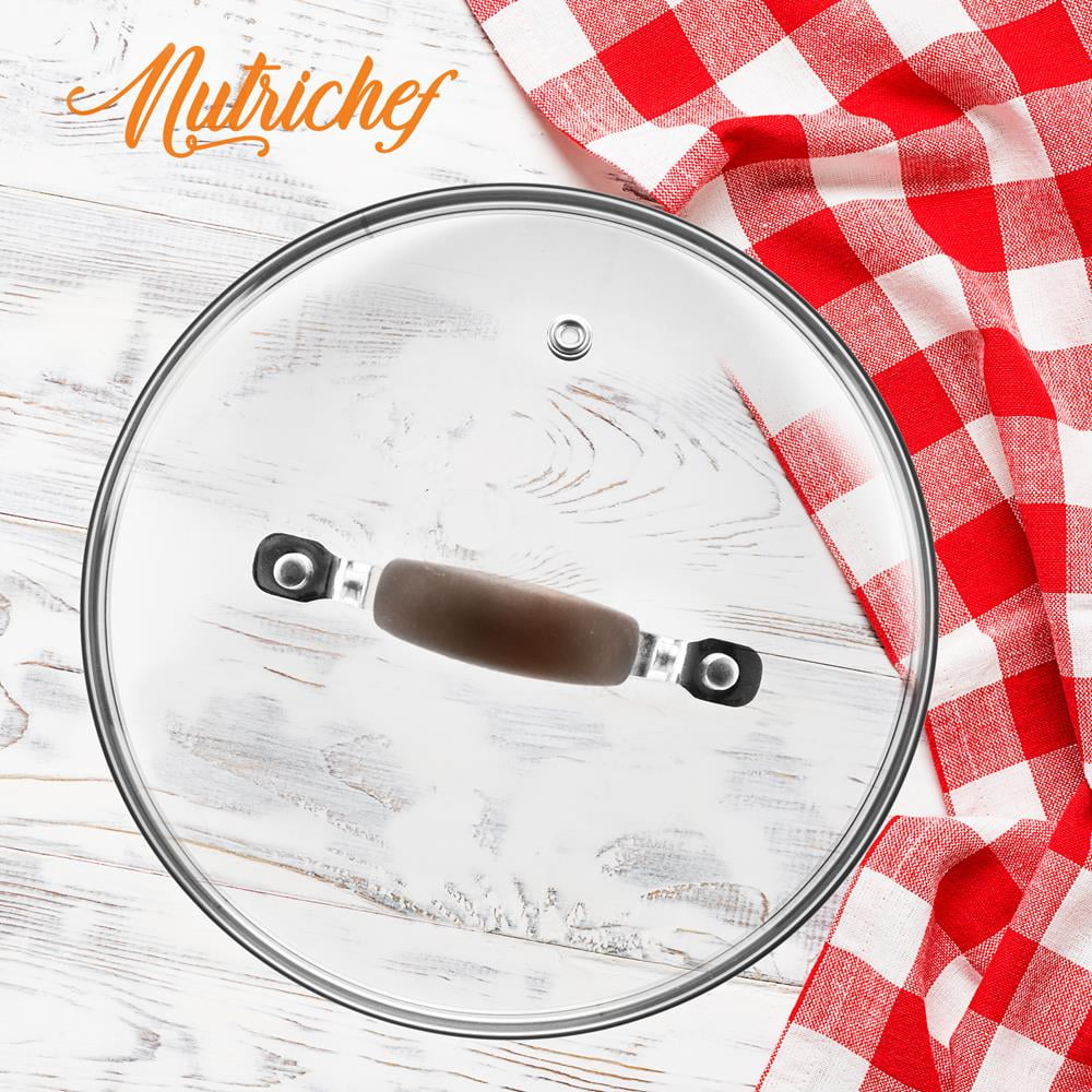 NutriChef Dutch Oven Pot Lid - See-Through Tempered Glass Lids, Stainless Steel Rim, Brown