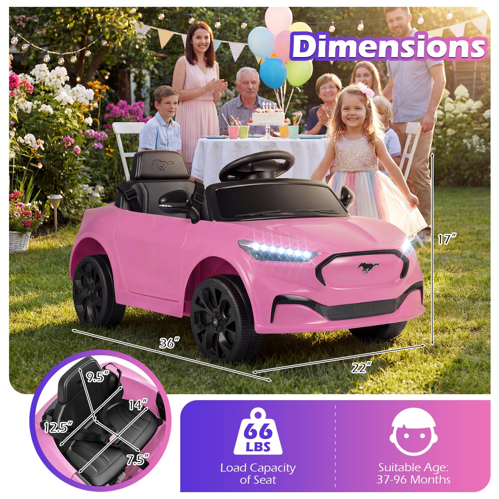 Gymax Licensed Ford Mach E Electric Vehicle w/Parent Control LED Lights Horn Music Pink