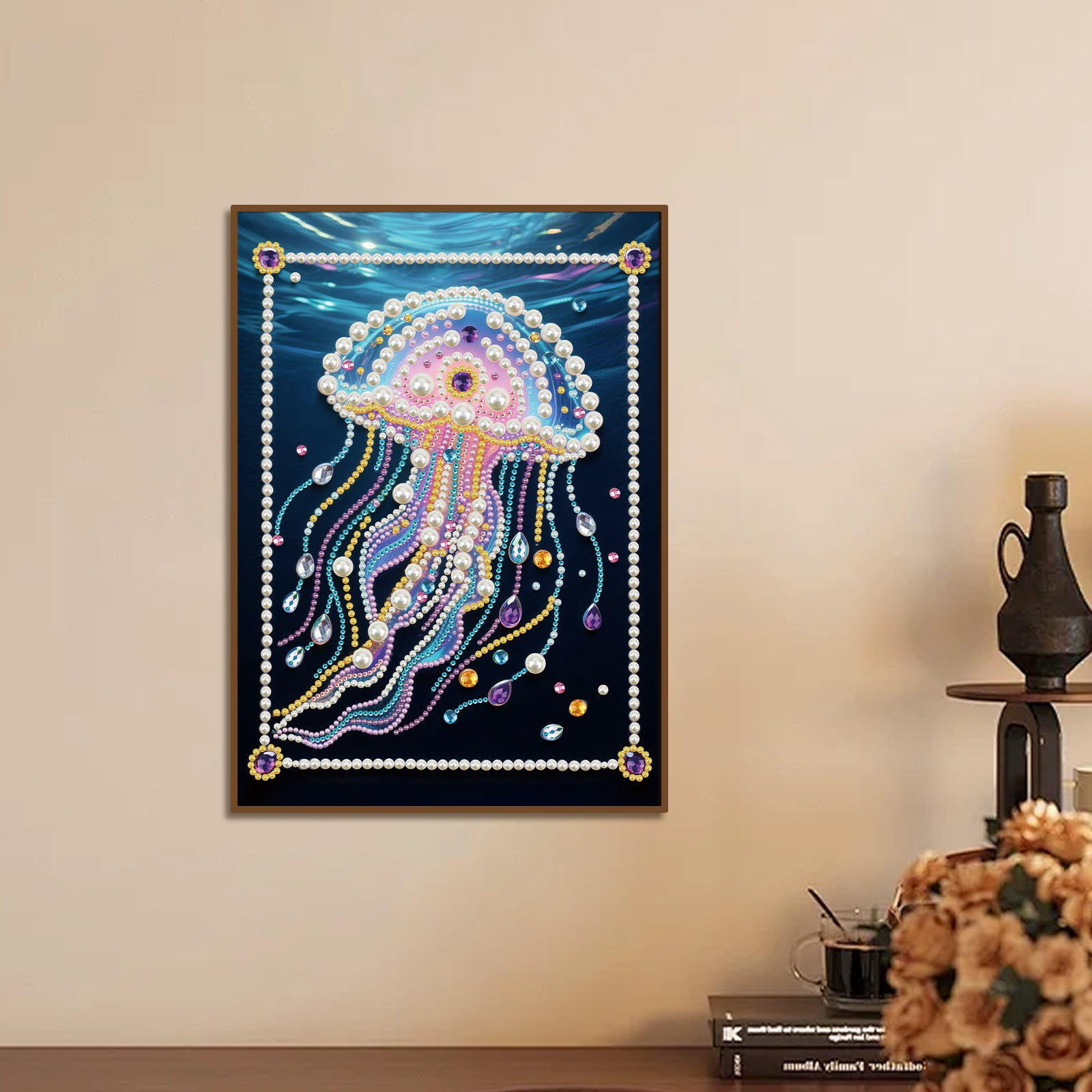 FLOPESN DIY Gemstone Pearl Painting Kit - 9.84x13.78 Inch Frameless Colourful Canvas Art for Adults, Stress Relief Craft & Home Wall Decor-Jellyfish-1