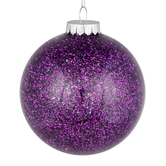 Vickerman 6" Plum Tinsel Clear Ball Orn 4/Bag. This clear ball features colored glitter and tinsel on the inside. Add some sparkle to your holiday decorating projects with this tinsel ornament. Made w