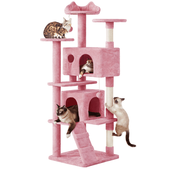 Alden Design 70" H Double Condo Cat Tree with Scratching Post Tower, Pink