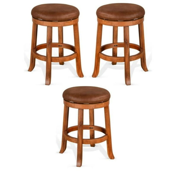 Home Square 24" Mahogany Wood Backless Swivel Stool in Rustic Oak - Set of 3