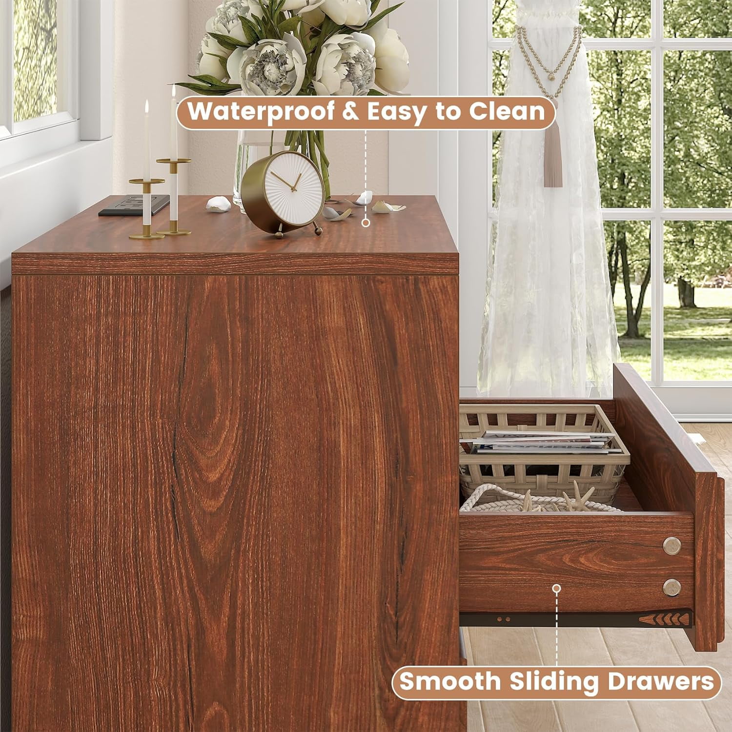 Winkalon 2 Drawers Farmhouse Nightstand with Charging Station, Rustic Bedside Tbale with Drawers for Bedroom, Vintage End Table with Open Shelf for Bedroom Living Room, Cherry