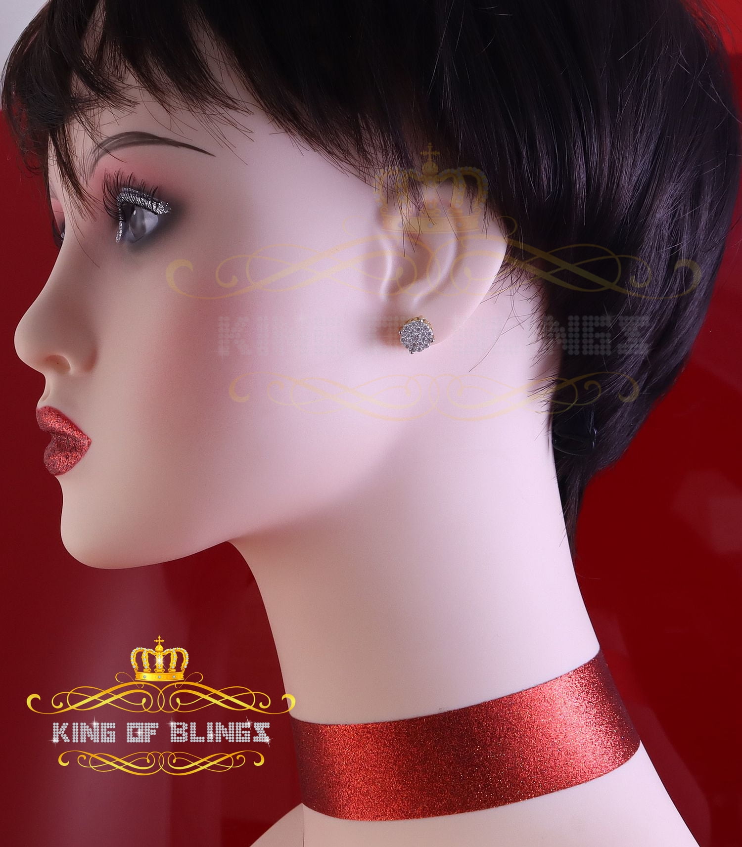 King of Bling's 1.00ct Cluster Earrings For Mens & Womens Moissanite 925 Sterling Silver Yellow