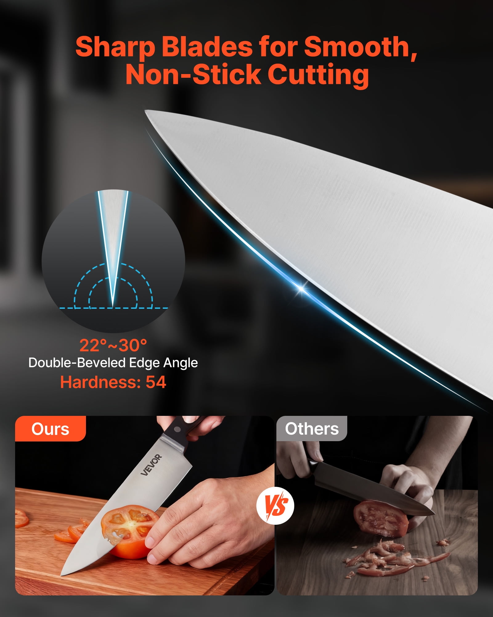 VEVOR Kitchen Knife Set with Block and Sharpener, 15 Piece German High Carbon Stainless Steel Knife Set, Kitchen Cutlery with ABS Ergonomic Handle, Sharpening Rod and Wooden Block, for Home Cooks