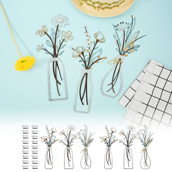 EUWBSSR 6Pcs Metal Flowers Wall Art 13.77*5.9in Beautiful Metal Flowers Wall Decor Decorative Vase Art for Living Room Bathroom Bedroom Dining Room