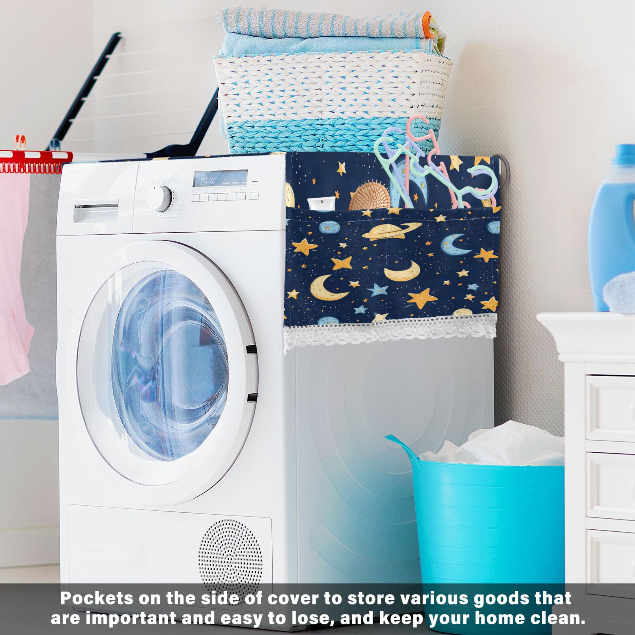 Cartoon Starry SkyWasher and Dryer Covers Dust-Proof and Oil Resistant Fridge Cover with 4 Storage Pockets Washing Machine Top Cover for Laundry Kitchen Home 51.2 x 22 In