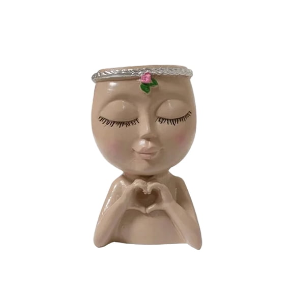 Cute Heart Hands Face Planter, Resin Head Succulent Pot with Drainage Hole, Indoor Outdoor Plant Decor, Brown , 1 Pack