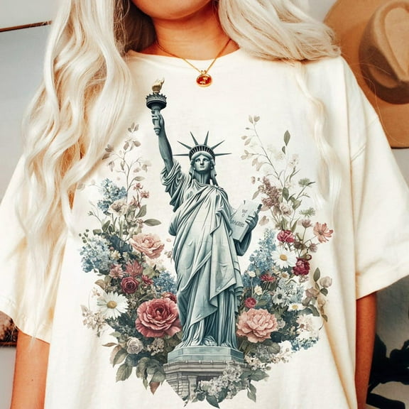 Floral Statue of Liberty T-Shirt – Retro 4th of July Tee with American Girl Style and USA Flag Flowers