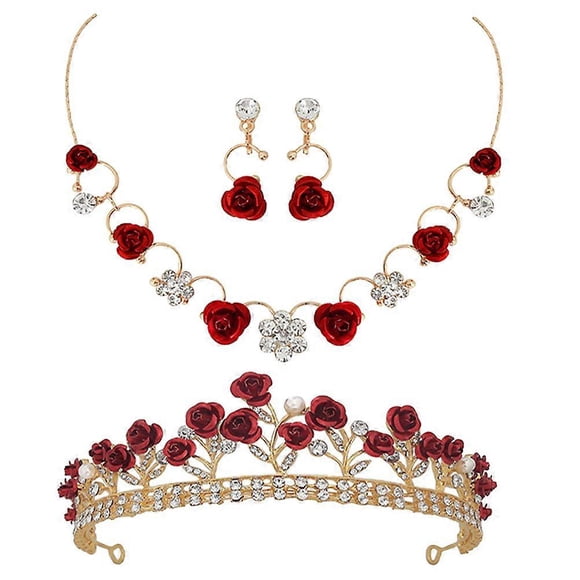Crown Jewelry Set Rose Shape Necklace And Earrings For Girls Children Elegant Assorted Color Decoration 1 Set
