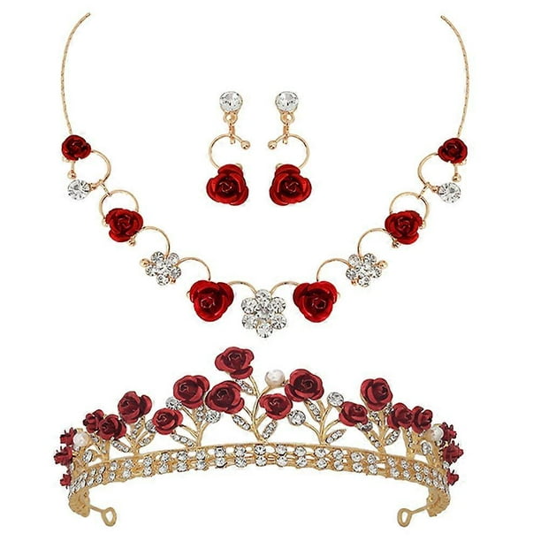 Crown Jewelry Set Rose Shape Necklace And Earrings For Girls Children Elegant Assorted Color Decoration 1 Set