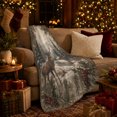 thumbnail image 3 of Winter Stag in Snowy Pine Forest with Cabin and Holly Berries, Rustic Wildlife Scene, Evergreen Border Motif Warm Flannel Blanket, Christmas Gift for Cabin Home Decor, 3 of 9