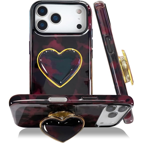Cute Case for iPhone 17 Pro, Tortoise Shell Phone with Heart Printing Holder Kickstand, Hybrid 2-Layer Soft Hard Shell, Brown Amber Print Leopard Shockproof Protective Cover Women Girls