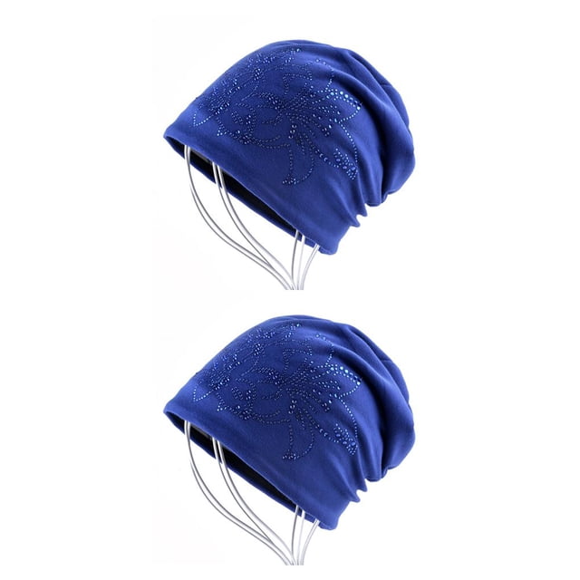 Sonducket Gorro holgado con diamantes de imitación para mujer, gorros de otoño e invierno, elegante gorro elástico para mujer, gorro cálido, Azul 2piezas