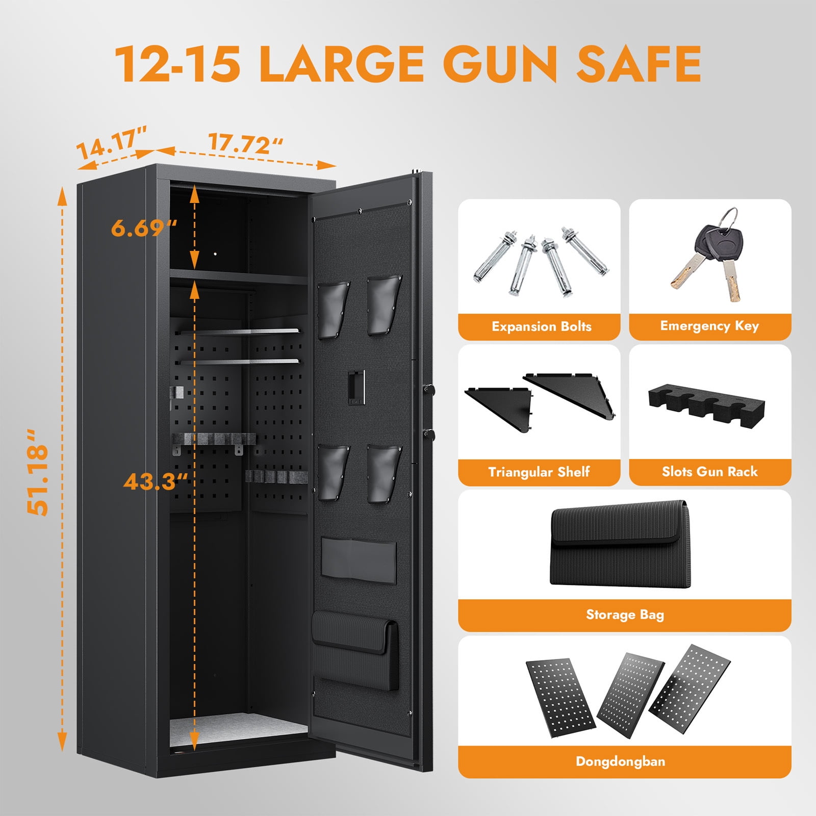 Sapital 10-12 Biometric Gun Safe for Rifles and Pistols, Large Rifle Cabinet with Adjustable Gun Rack and Partition